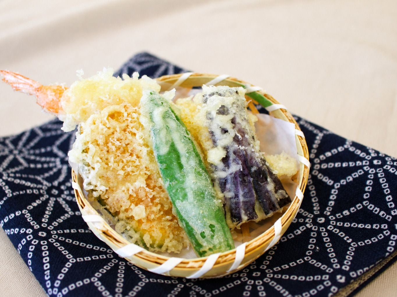 A basket containing various food items, likely a dessert or snack.