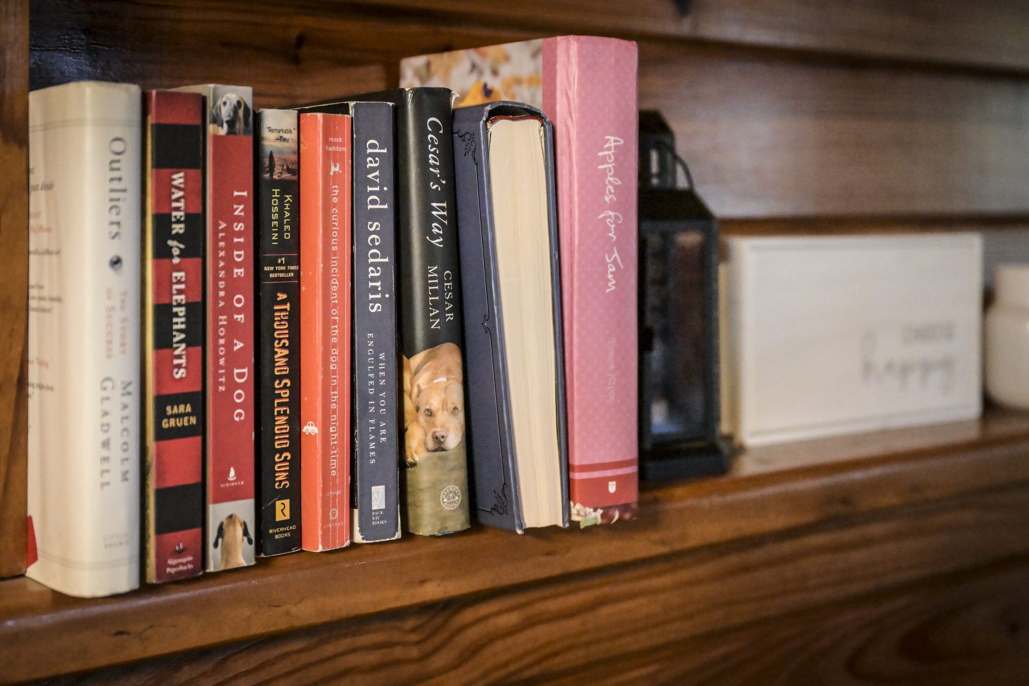 A bookshelf with various books, including titles like 'Outliers' and 'Water for Elephants'.
