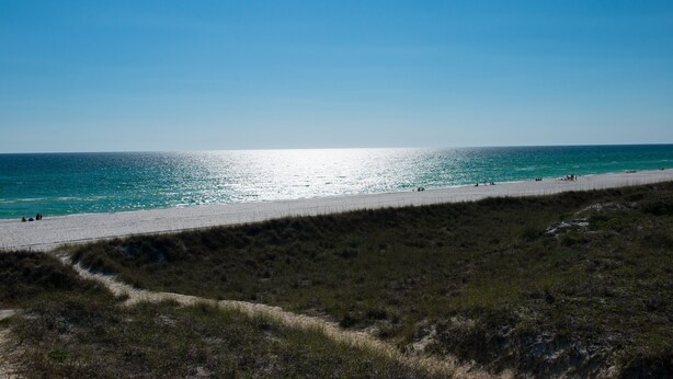Une plage avec un ciel dégagé et une mer calme.