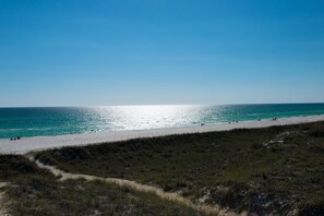 A beach with a clear sky and calm sea.