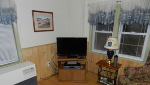 Een woonkamer met een flatscreen televisie op een houten standaard, een verwarming, een lamp op een bijzettafeltje, en een bloemenbank.