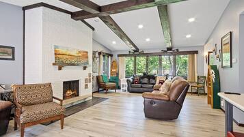 Télévision, cheminée, livres, espaces bureaux