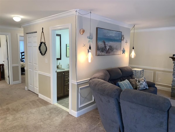 Smart TV, fireplace, DVD player, books