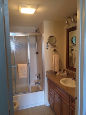 Combined shower/tub, hair dryer, towels, toilet paper