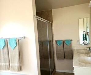 Hair dryer, towels, soap, toilet paper