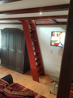 A room with a wardrobe, a red ladder, a glass table, and a television on the wall.