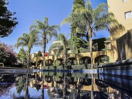 Una piscina con reflejos nítidos, rodeada de palmeras y un edificio con arcos.