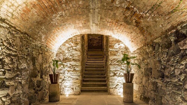 Una escalera de piedra que sube a un nivel superior, flanqueada por muros con plantas en macetas.