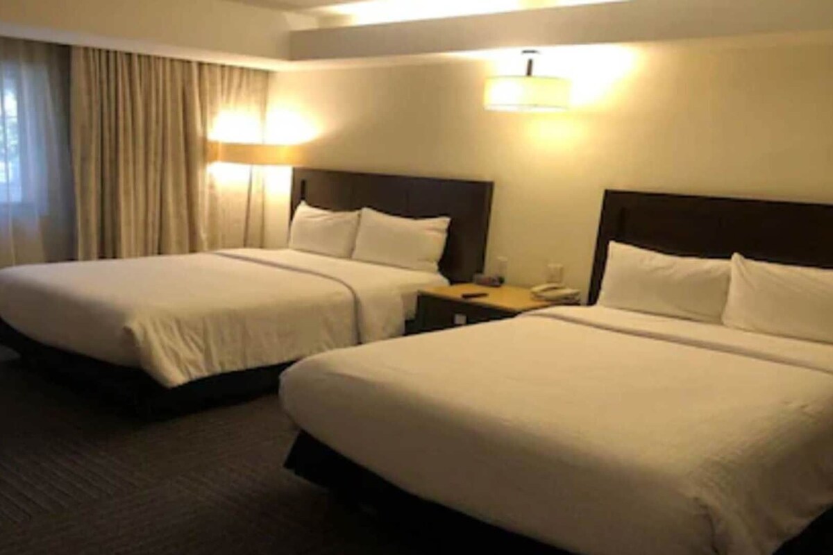 Habitación de hotel con dos camas, una mesita de noche, una lámpara y una ventana con cortinas.