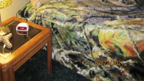 A bedroom with a bed, a nightstand, a lamp, and a wall tapestry. - Downtown Craig (Craig)