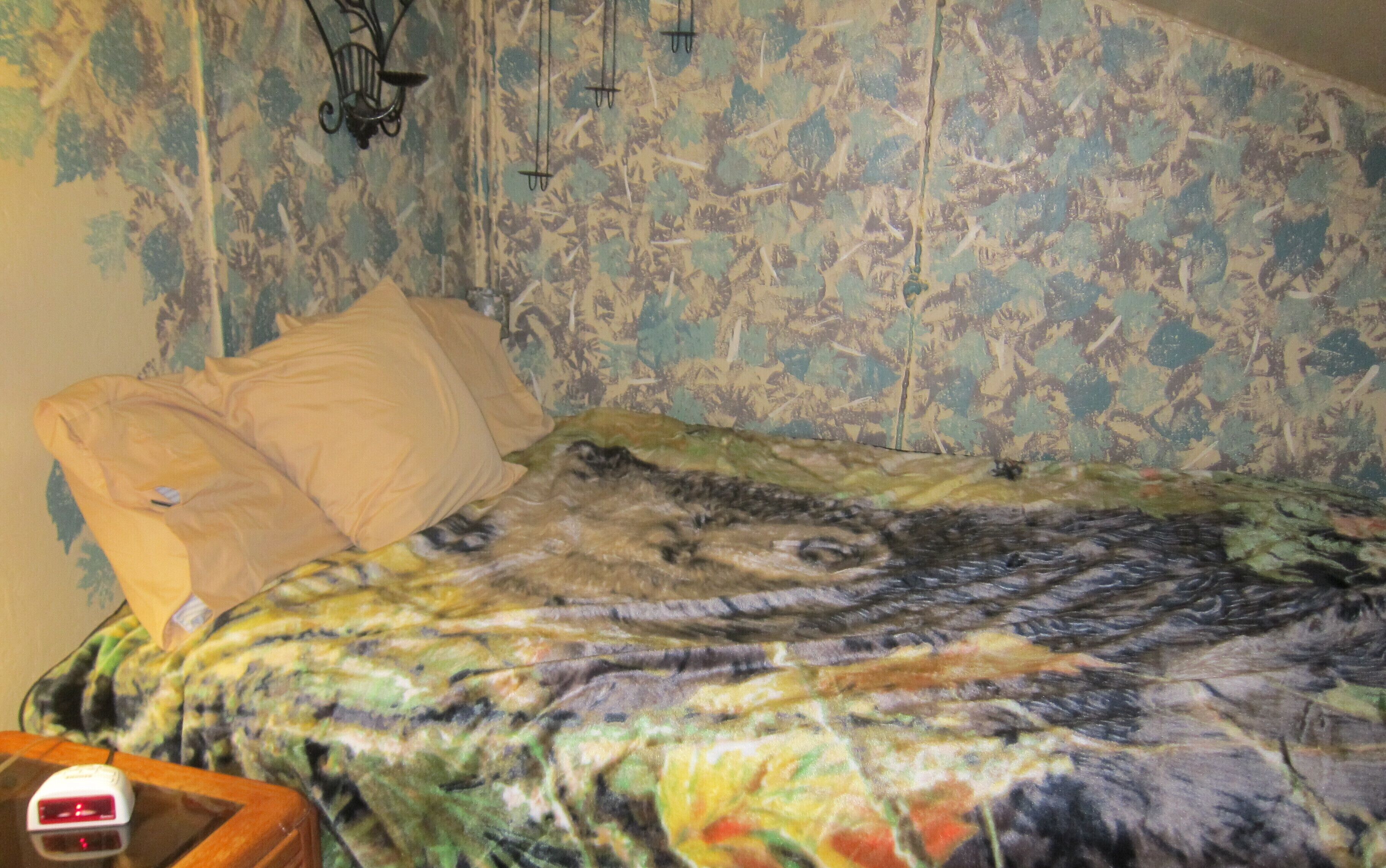 Ein Bett mit floralem Muster auf der Bettdecke und zwei Kissen.