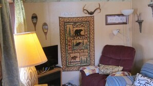 A cozy room with a patterned ceiling, a mounted deer head, a framed tapestry, a television, and a comfortable chair. - Downtown Craig (Craig)