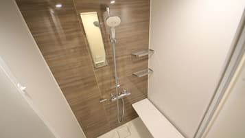 A modern bathroom with a shower, a mirror, and a toilet.