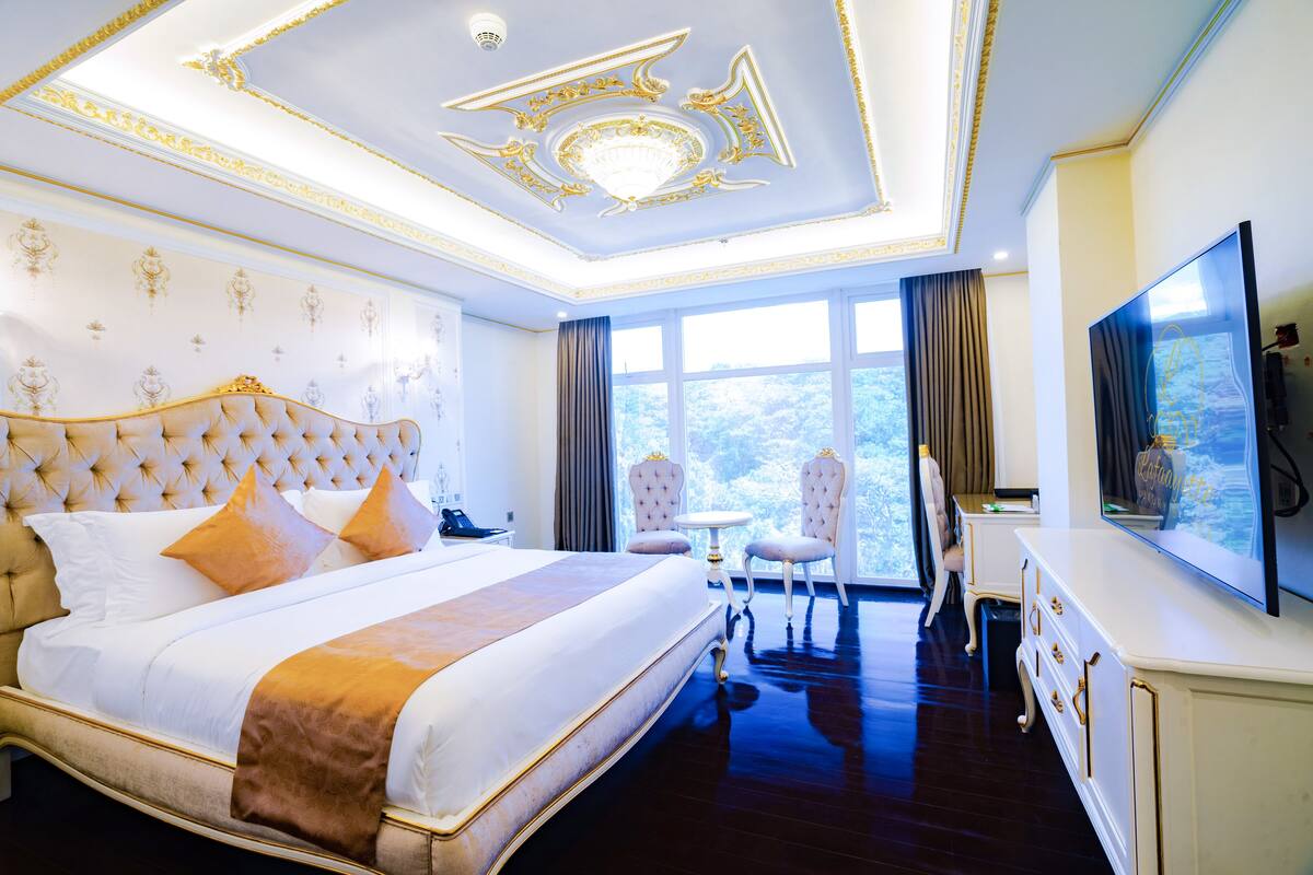 Ruime hotelkamer met een groot bed, een televisie, een bureau en uitzicht op de omgeving.
