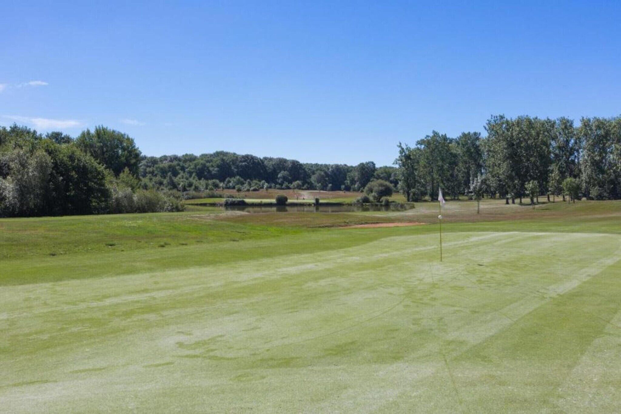 Un parcours de golf avec un mât de drapeau, des arbres et un ciel dégagé.