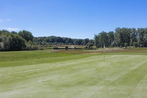 Un campo de golf con un mástil de bandera, árboles y un cielo despejado.