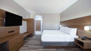 Habitación de hotel moderna con una cama grande, un televisor de pantalla plana, muebles de madera y un escritorio con teléfono.