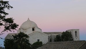 Eine weiße Kirche mit Kuppel und Glockenturm, umgeben von Bäumen und Gebäuden.