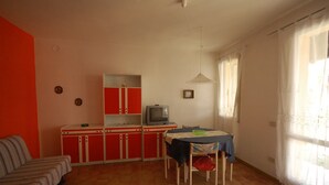 A room with a sofa, a dining table with chairs, a television on a cabinet, and a window with curtains.