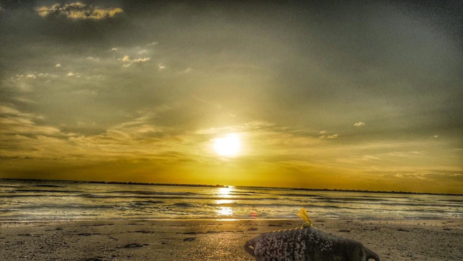 Een strand met een zonsondergang boven de oceaan.