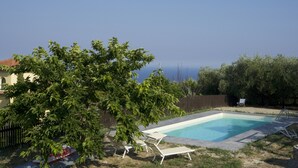 En baghave med swimmingpool, et træ og en stol.