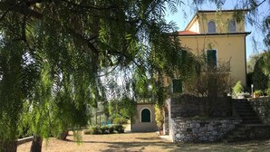 A courtyard with a stone wall, a yellow building with a bell tower, and a tree in the foreground.