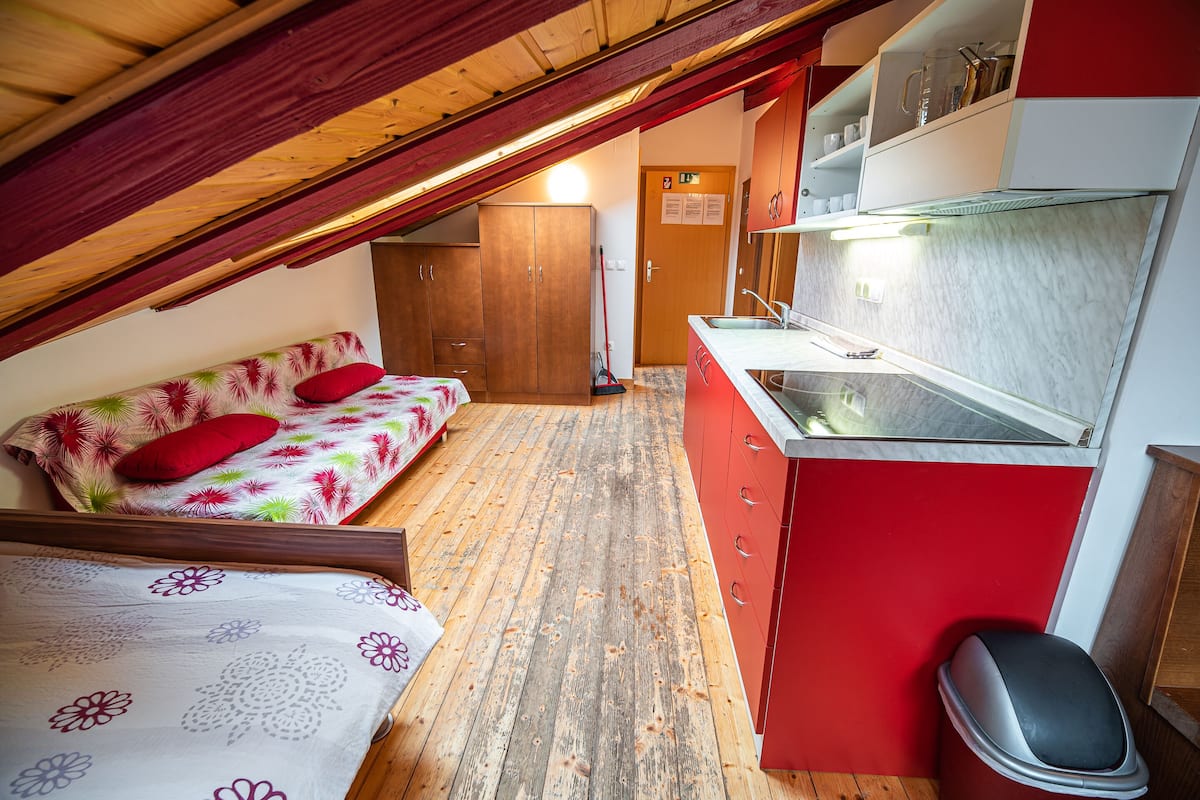 A compact, single-room apartment with a kitchenette, a small sofa, and a bed.