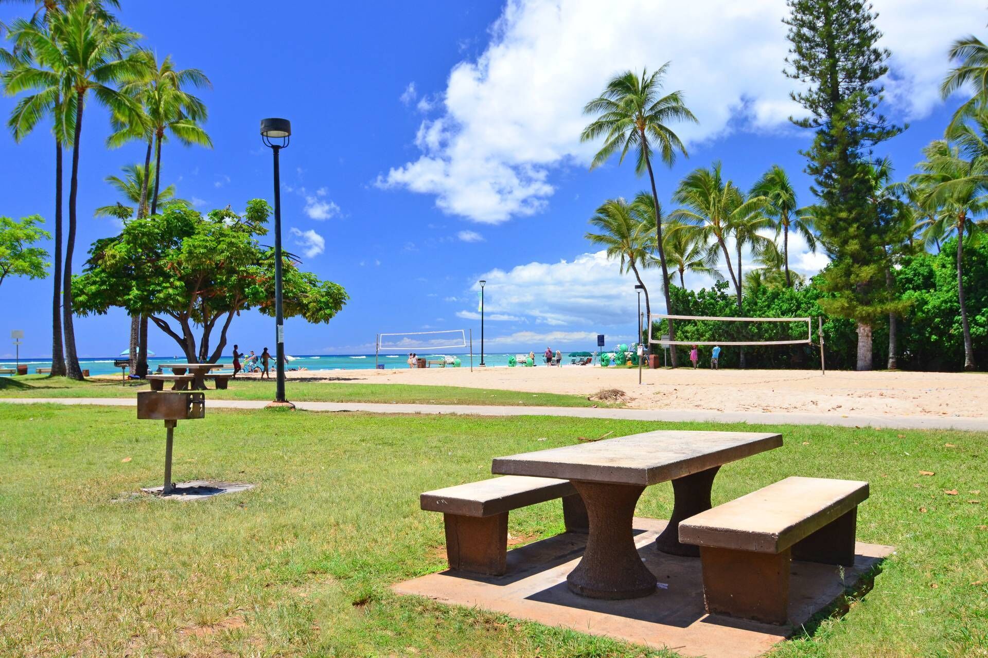 A beach volleyball court with a picnic table in the foreground, surrounded by palm trees and a clear blue sky.