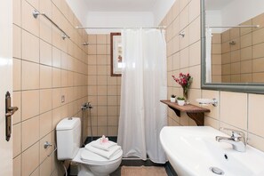 A bathroom with a toilet, sink, and shower curtain.