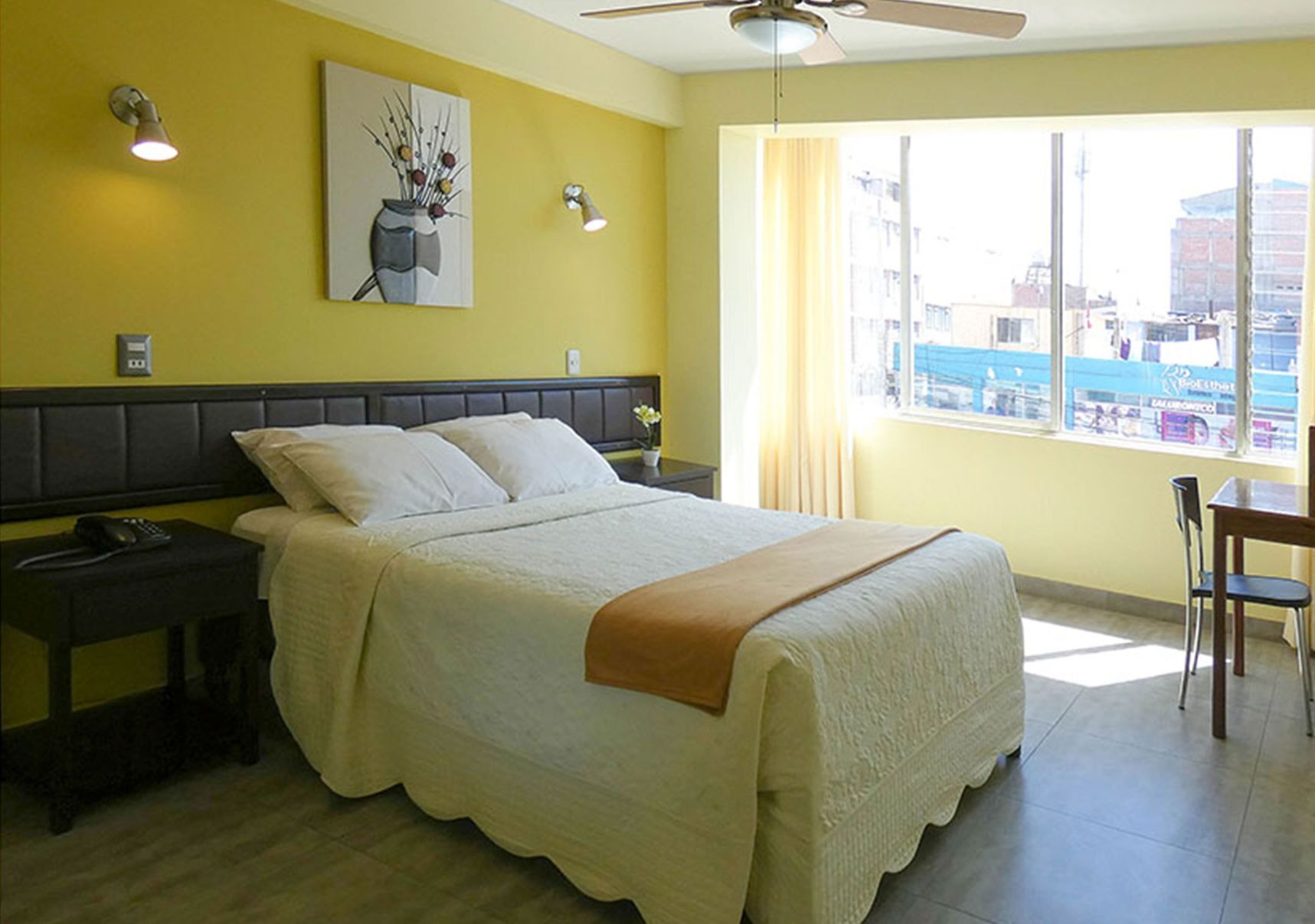 Desk, free WiFi, bed sheets