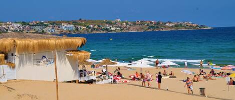 On the beach, sun-loungers