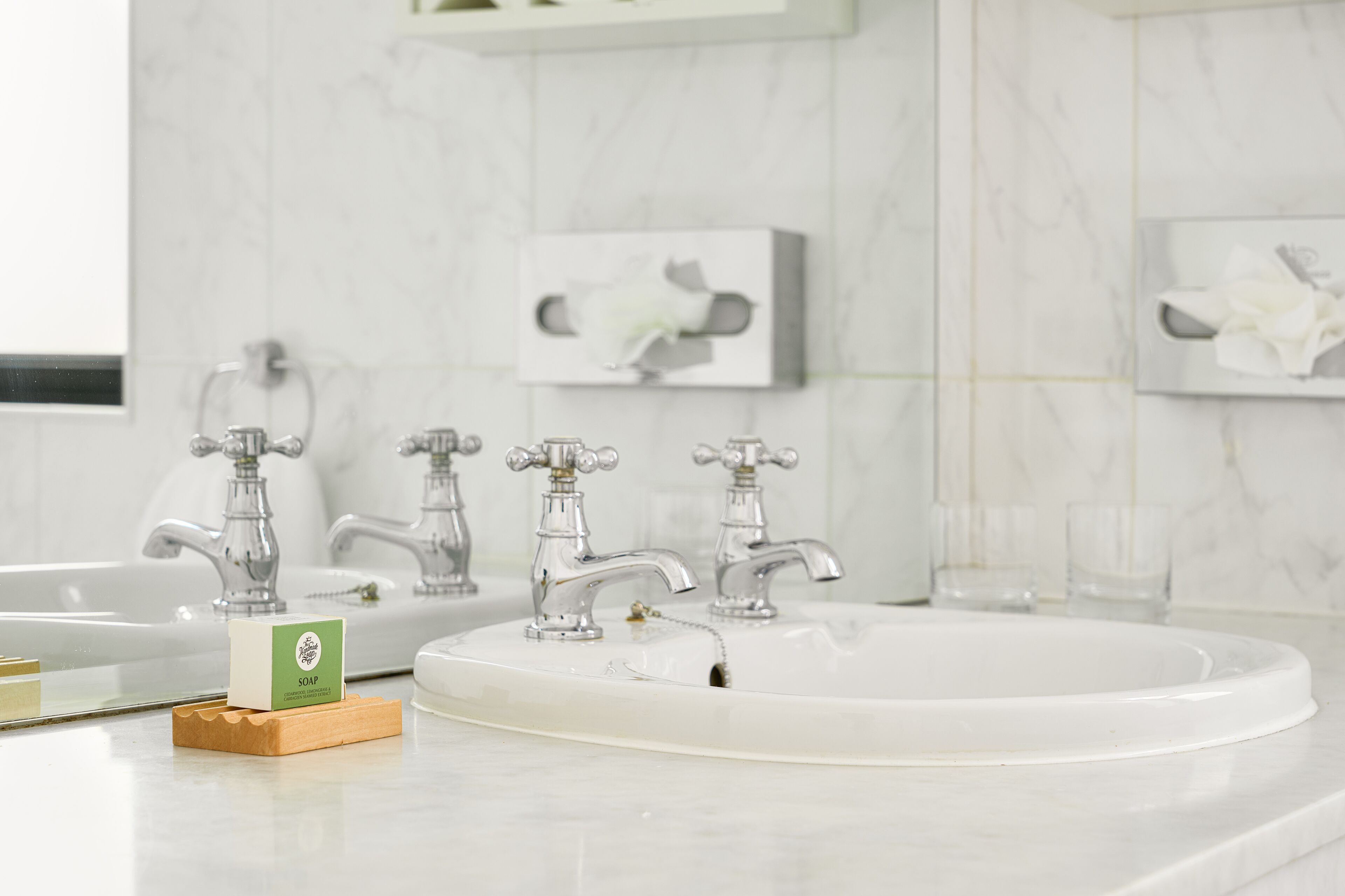 hair dryer, towels, soap, shampoo