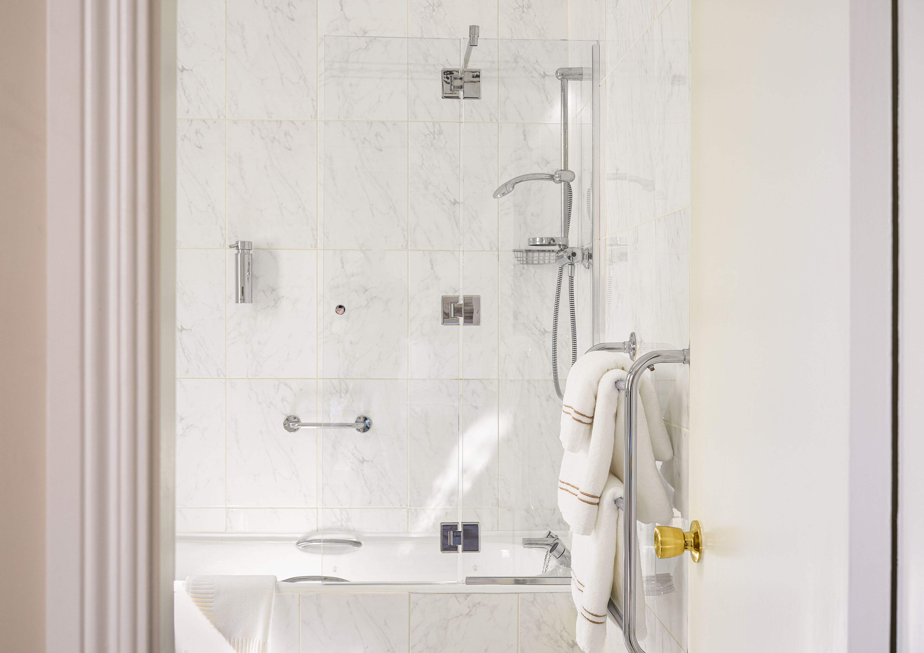 hair dryer, towels, soap, shampoo