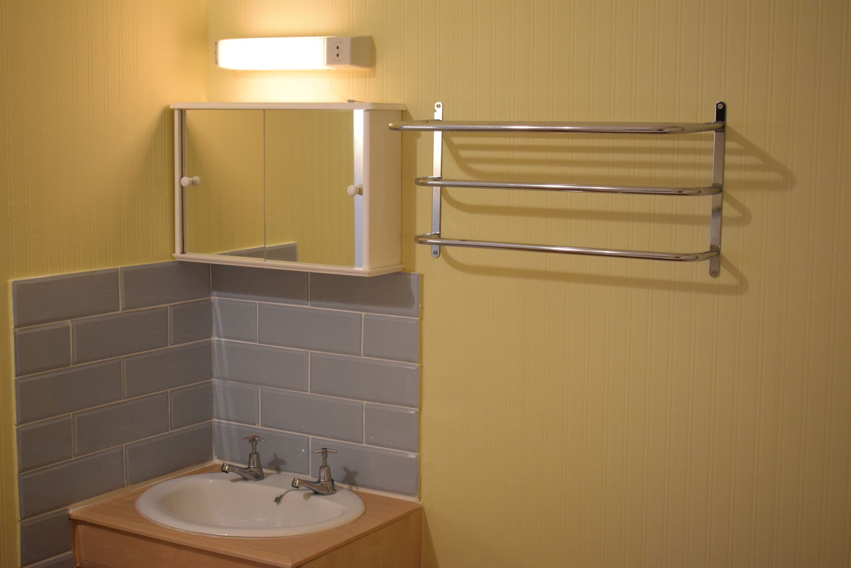 A bathroom with a sink, mirror, and towel rack.