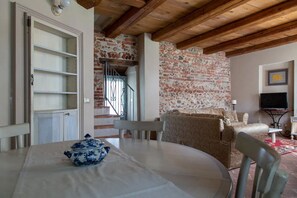 TV connectée, cheminée, livres