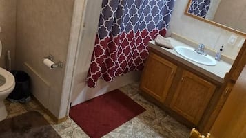 Shower, hair dryer, shampoo
