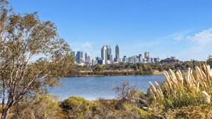 A city skyline with modern buildings and a lake in the foreground. - River Suite.  Rest, Revitalise, Relax (Maylands)