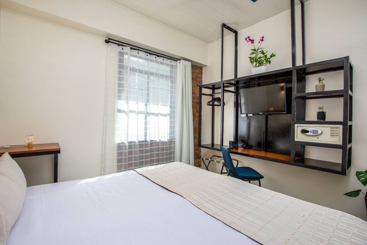 Une chambre d’hôtel comprenant un lit, un bureau avec une chaise, une télévision et une étagère avec des plantes.