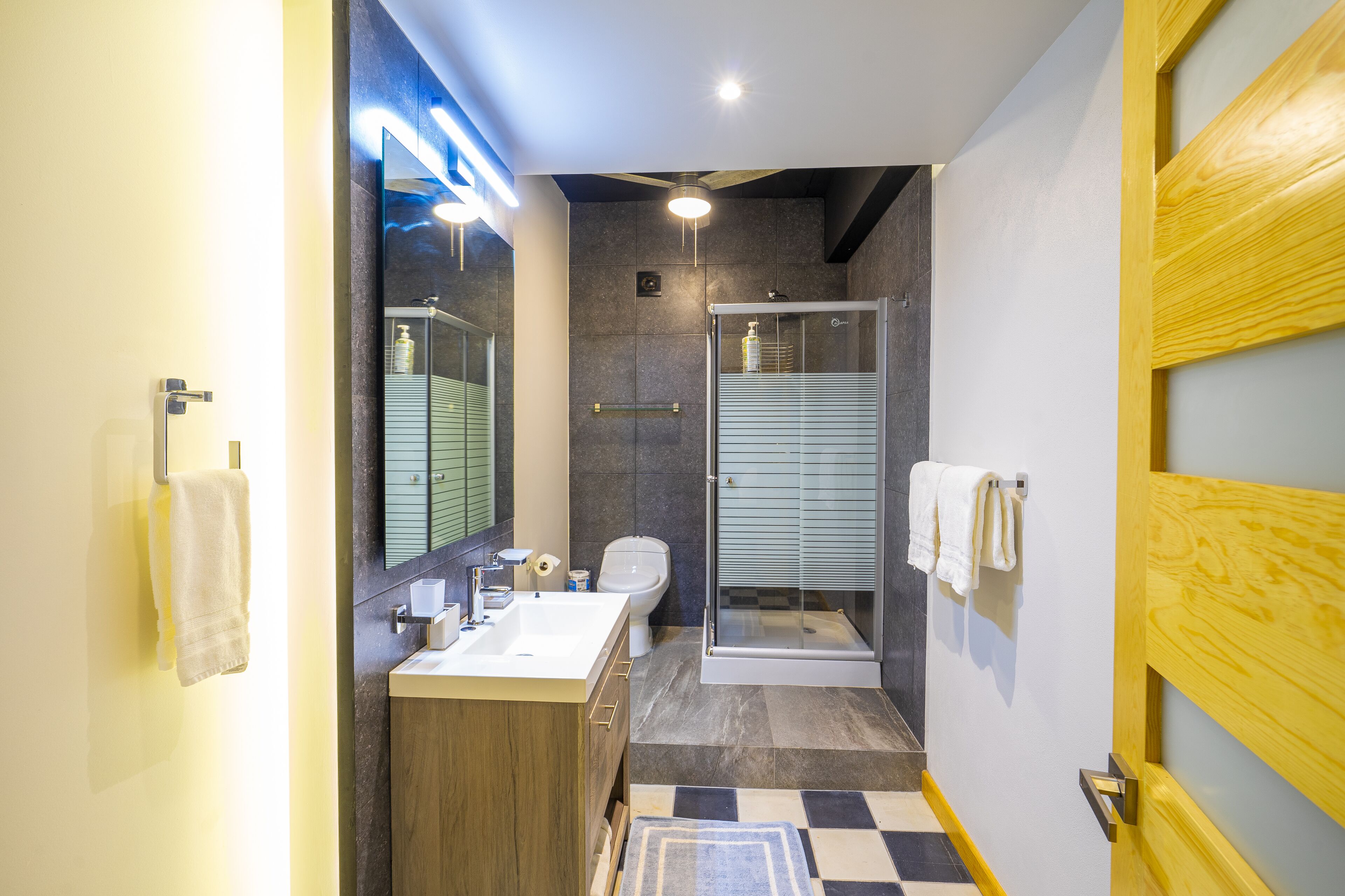 superior apartment | bathroom | shower, rainfall showerhead, hair dryer, towels