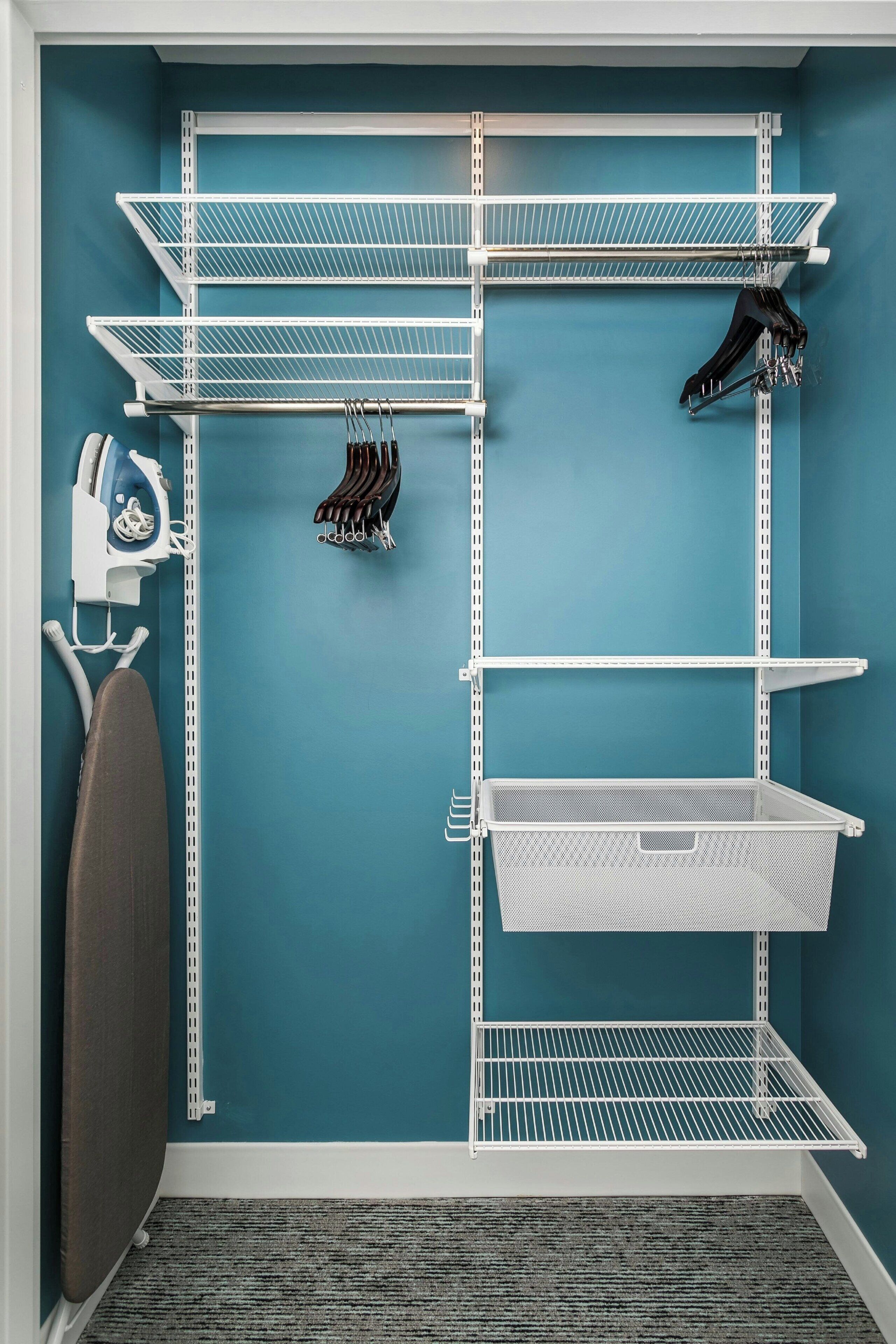 premium bedding, desk, laptop workspace, iron/ironing board