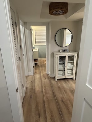Un couloir doté d’un plancher en bois, d’une armoire blanche avec un miroir et d’un luminaire au plafond.