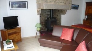 Ein Wohnzimmer mit Kamin aus Stein, einem Fernseher auf einem Holzboden, einem braunen Ledersofa mit roten Kissen und einem kleinen Tisch mit einer Pflanze.