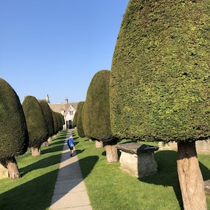 Stroll through the beautifully maintained gardens, lined with topiary trees, to the charming building with a traditional facade.