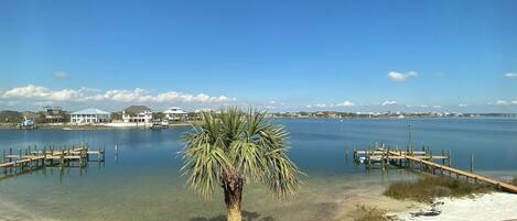A view of a lake with a palm tree in the foreground, wooden docks, and houses in the background.