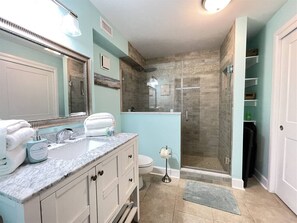 Bañera con ducha, secador de pelo, toallas