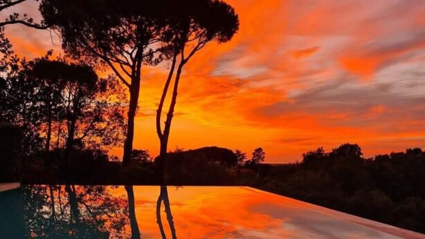 Un coucher de soleil paisible se reflète sur une étendue d’eau calme, tandis que les arbres se dressent en silhouette contre le ciel.