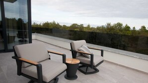 Two modern chairs with wooden armrests on a balcony with a glass railing, overlooking a mountainous landscape. - Villa Vagabundo with Pool (Zaton)