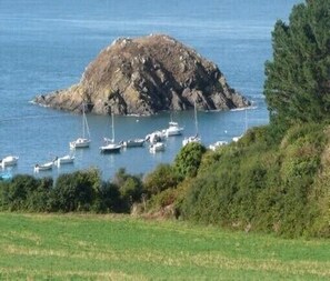 A coastal scene with a rocky island surrounded by boats. - Maison en Bord de mer Proche de st Quay Portrieux (Tréveneuc)