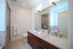 Combined shower/tub, hair dryer, bidet, towels