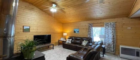 Smart TV, fireplace, books